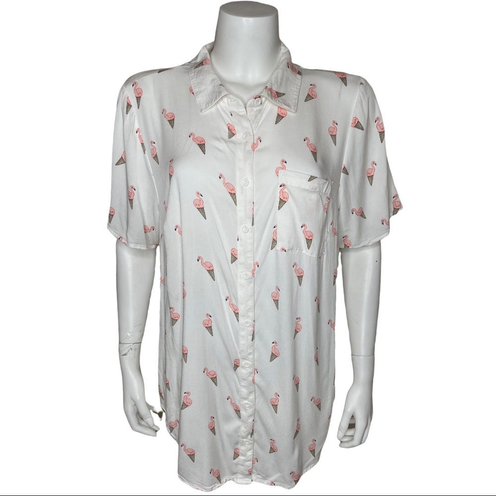 Torrid Flamingo Ice Cream Cone Novelty Print Top Button-Up Shirt White Pink